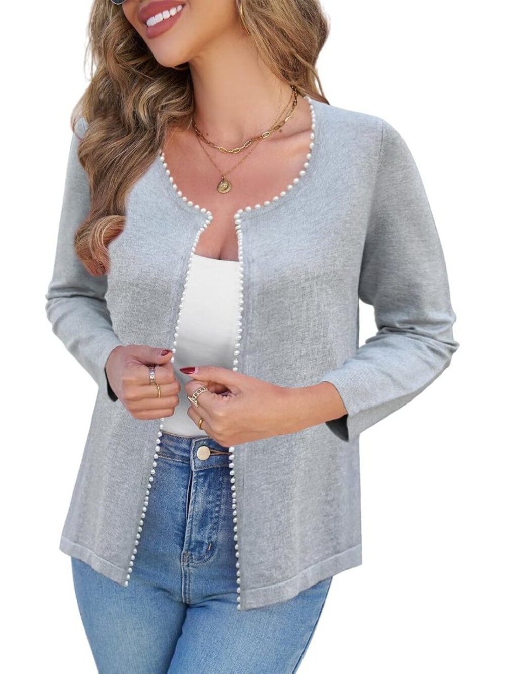 Women's Grey Lightweight Open Front Sweater Cardigan Pearls Trim Knit Jacket